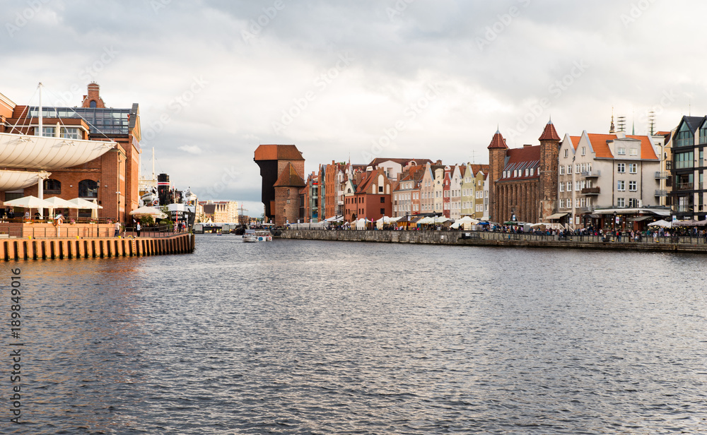 Gdansk, Poland - August 10, 2017: Panoramic view of port in center of old town in Gdansk,place with beautiful colorful architecture and cute houses. Baltic Sea. Historical center. Poland, East Europe.