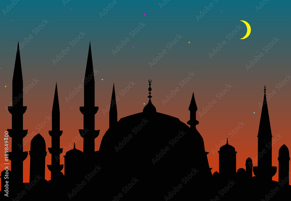 silhouette of the east medieval city against the background of sunrise and the night sky