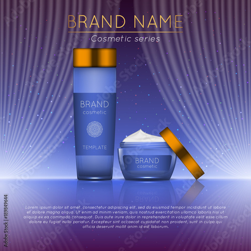 3D realistic cosmetic bottle ads template. Cosmetic brand advertising concept design with wavy light abstract background