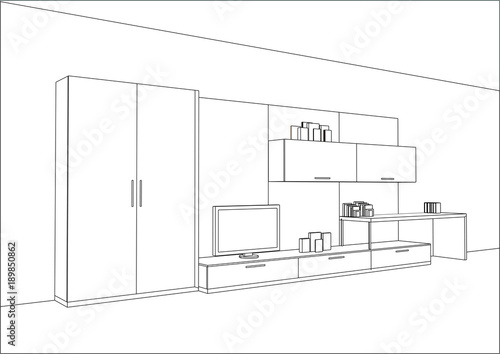 3D vector sketch. TV stand and entertainment center with appliances and decors. Modern living room interior. Modern creative TV furniture with table. Home Interior Design Software Programs.