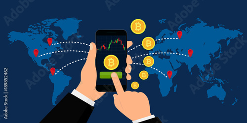 Hand Holding Smartphone with Bitcoin Currency. Crypto Currency Concept. Vector illustration. Flat design. EPS 10.