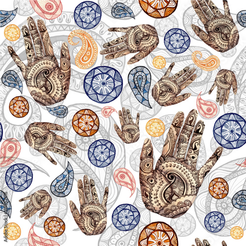 Watercolor seamless pattern on Indian theme, turkish cucumber in red and orange colors with human hands, palms with a pattern of mehendi, for decorating walls, fabric, printed products on a white bac photo