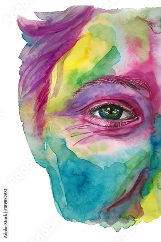 Fototapeta Naklejka Na Ścianę i Meble -  Watercolor drawing of a man's head smeared in paint, multi-colored face, portrait, opened eye, glare on iris eyes, on holiday holi, indian holiday, white background for decoration and decoration