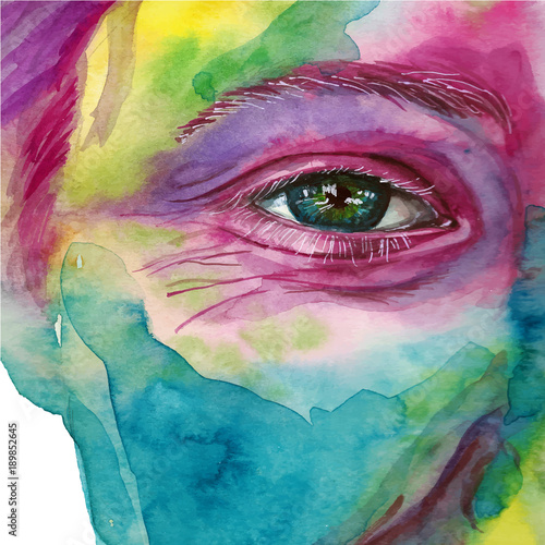 Watercolor drawing of a man's head smeared in paint, multi-colored face, portrait, opened eye, glare on iris eyes, on holiday holi, indian holiday, white background for decoration and decoration