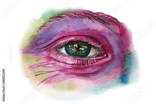 Watercolor drawing of a man`s head is dirty in paint, multi-colored face, portrait, opened eye, glare on iris of the eye, on holiday holi, indian holiday, with element of splashed paint on white backg