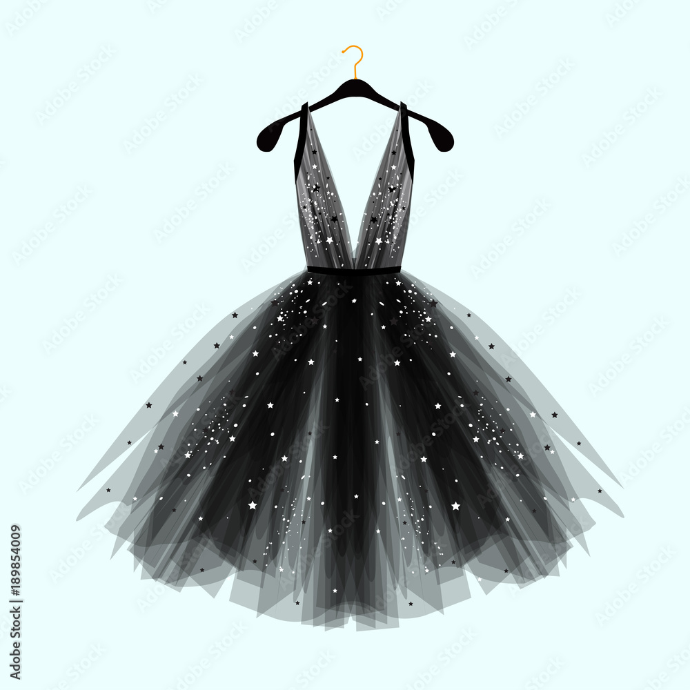 Black fancy dress for special event with decor. Vector Fashion illustration for online shop - obrazy, fototapety, plakaty 