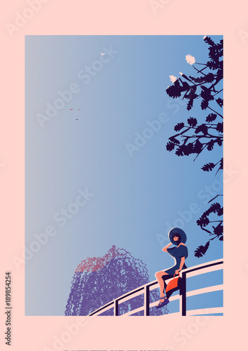 Lady sat on a fence during a summer day 