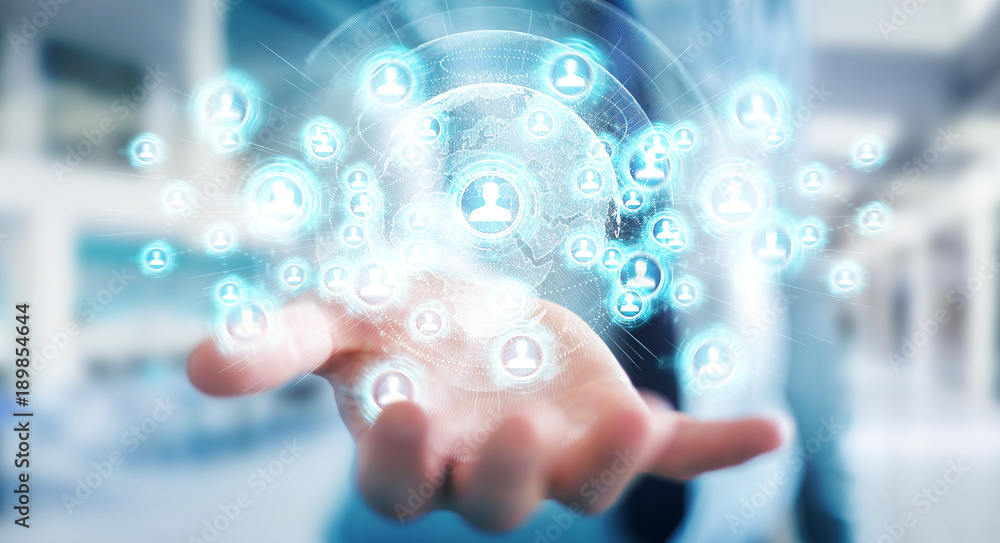 Businessman using social network interface 3D rendering Businessman using social network interface 3D rendering