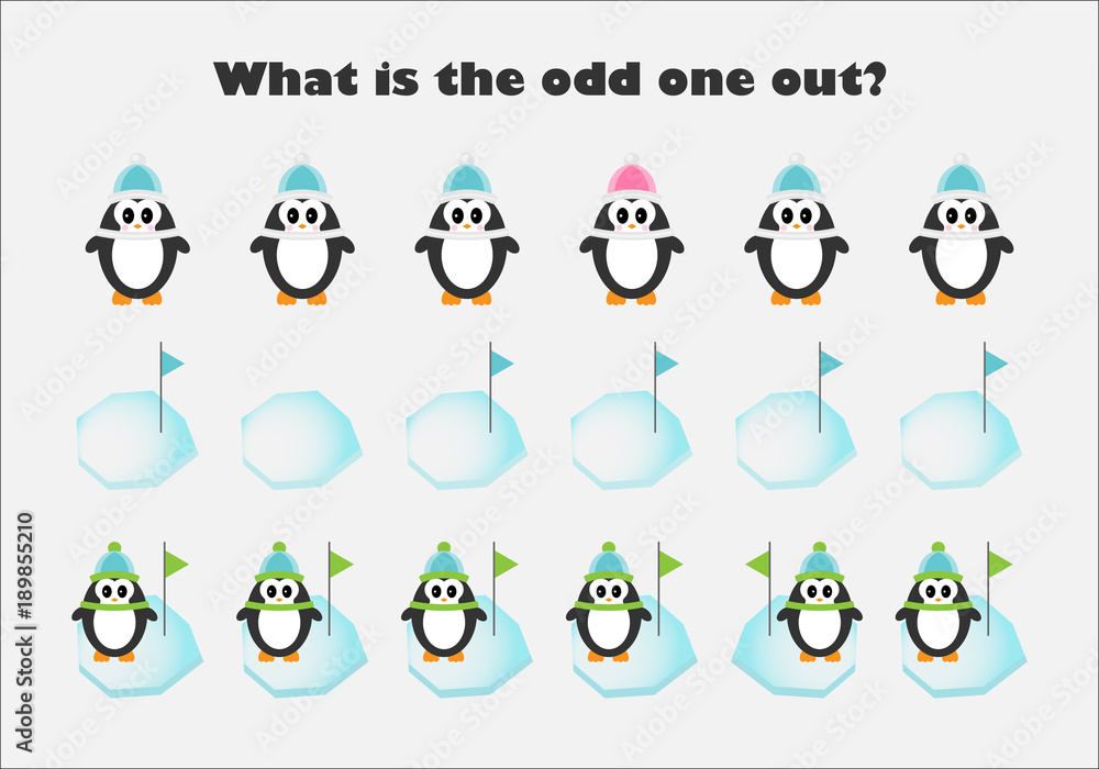What is the odd one out for children, penguins in cartoon style, fun education game for kids, preschool worksheet activity, task for the development of logical thinking, vector illustration What is the odd one out for children, penguins in cartoon style, fun education game for kids, preschool worksheet activity, task for the development of logical thinking, vector illustration