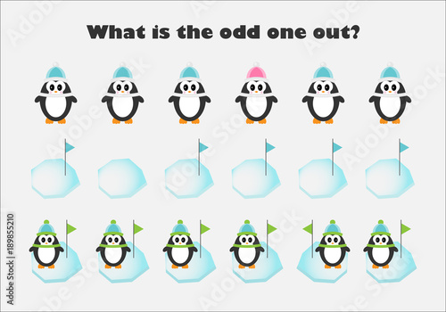 What is the odd one out for children, penguins in cartoon style, fun education game for kids, preschool worksheet activity, task for the development of logical thinking, vector illustration