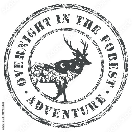 Retro printing. A wiped seal with wild animals. Journey to the mountains. The mountain range. Fox, bear, deer and hare with a stylized view of nature.