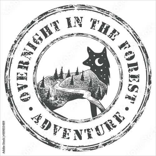 Retro printing. A wiped seal with wild animals. Journey to the mountains. The mountain range. Fox, bear, deer and hare with a stylized view of nature.