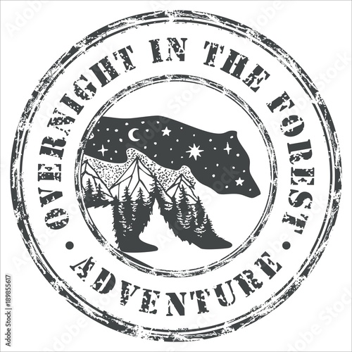 Retro printing. A wiped seal with wild animals. Journey to the mountains. The mountain range. Fox, bear, deer and hare with a stylized view of nature.