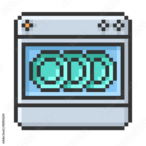 Outlined pixel icon of dishwashing machine. Fully editable