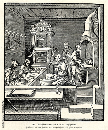 Canvas Print Goldsmith workshop, 16th century, woodcut by Hans Brosamer (from Spamers Illustr