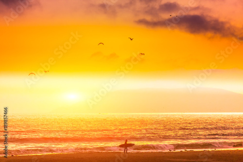 Silhouette, of Surfer walking on the beach at sunset. San Simeon beach, southern California