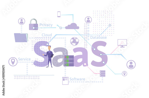 Concept of SaaS, software as a service. Cloud software on computers, mobile devices, codes, app server and database. Vector illustration in flat style, isolated on white background.