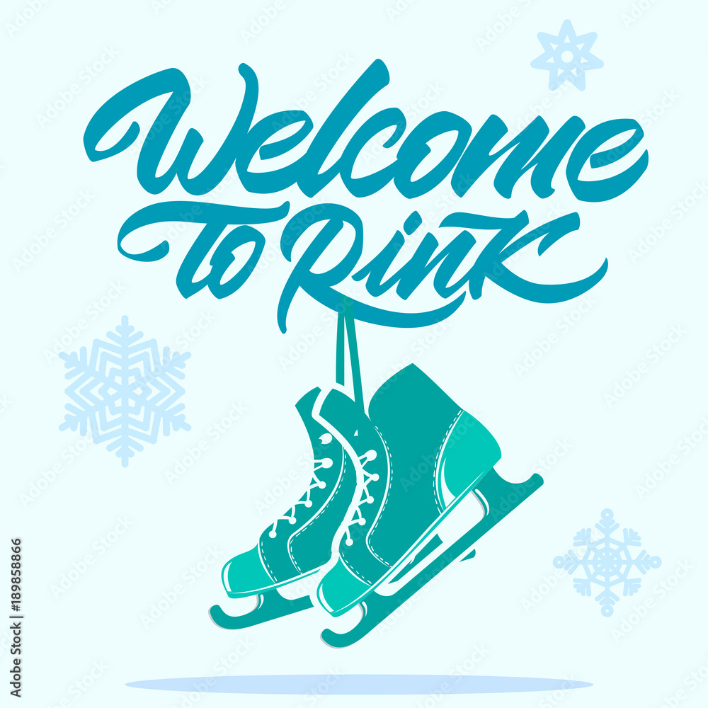 Skates hang on the inscription to rink winter emblem.