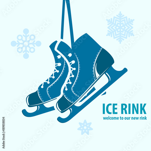 Skates with text Ice rink - winter emblem with snowflakes.  Vector emblem.