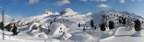 Beautiful winter landscape of Cinque Torri and Averau as seen from Pass Falzarego. Veneto, Italy.