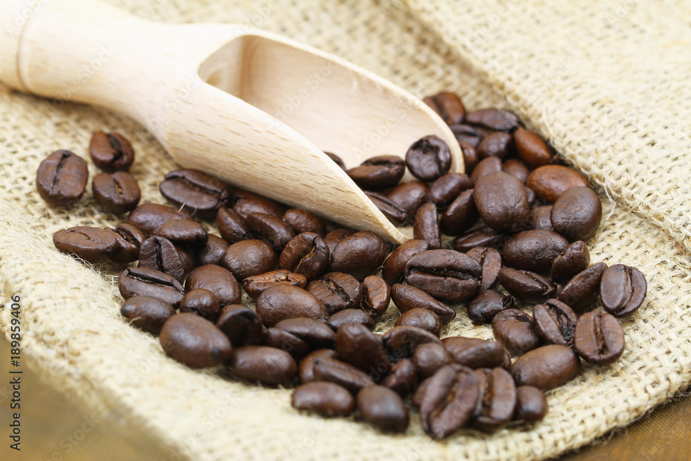 Fototapeta premium Roasted coffee beans on wooden scoop and jute bag 