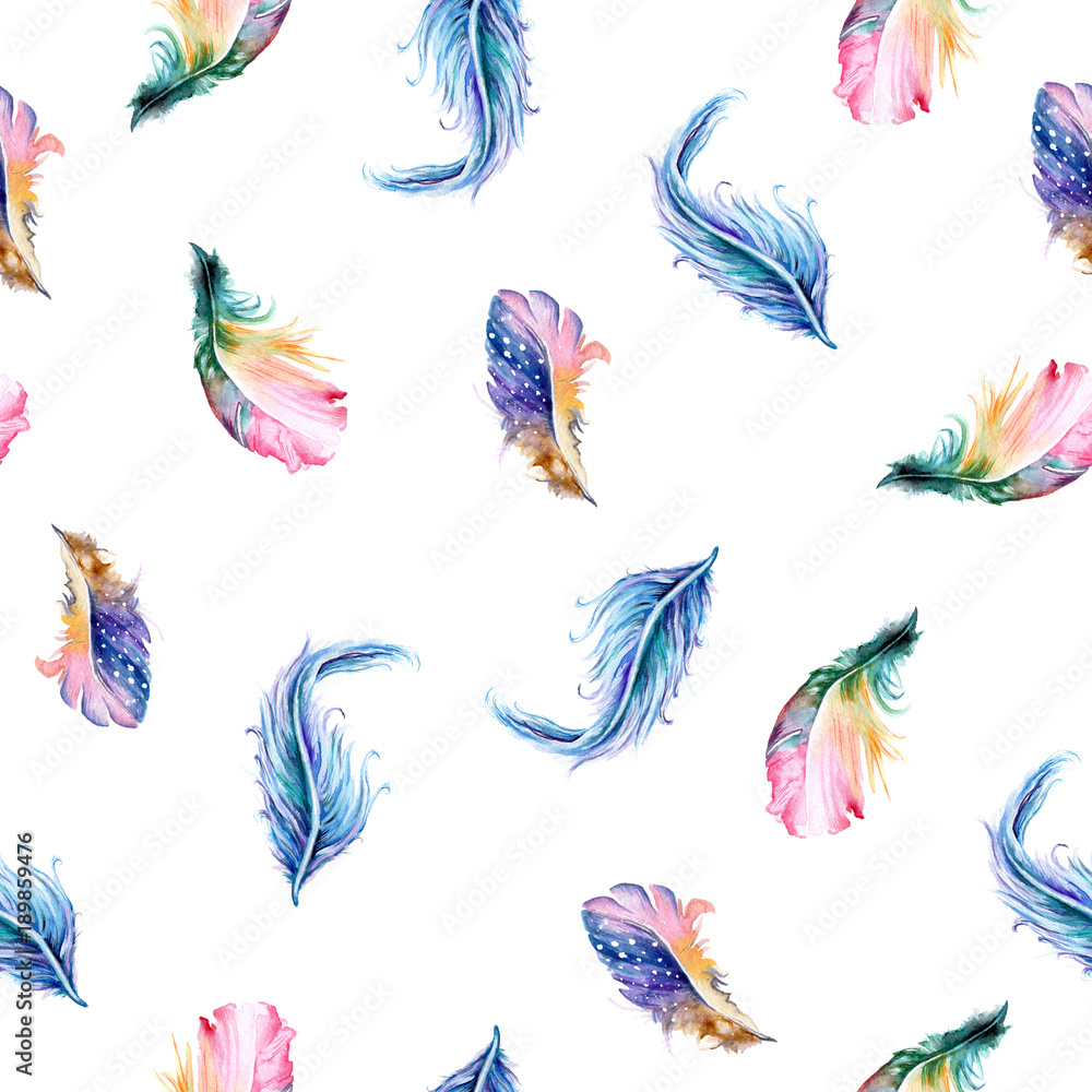 Seamless pattern with isolated watercolor feathers. Hand painted colorful feathers. Tribal boho aztec background perfect for textile