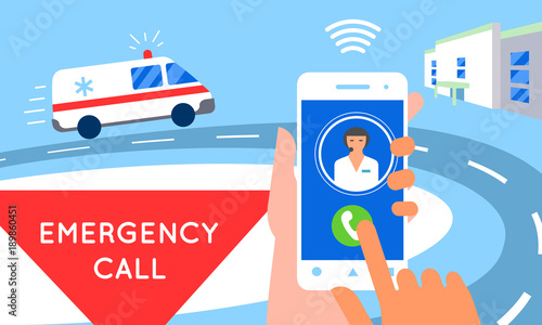 Emergency call concept illustration. Ambulance car, hands dialing number ambulance service operator, hospital building. Modern flat style design