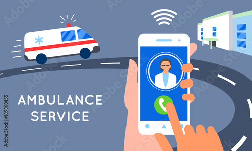 Emergency call concept illustration. Ambulance car, hands dialing number ambulance service operator, hospital building. Modern flat style design