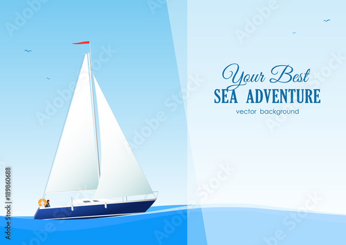 Vector illustration: Marine background with detailed yacht and space for text
