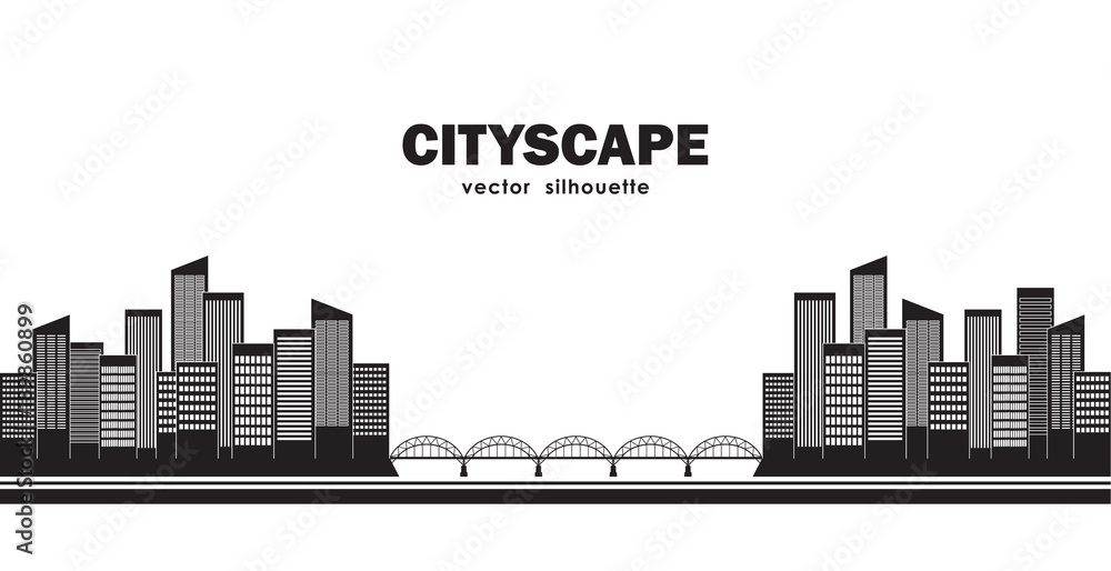 Silhouette of two cities connected by bridge. Isolated Cityscape.
