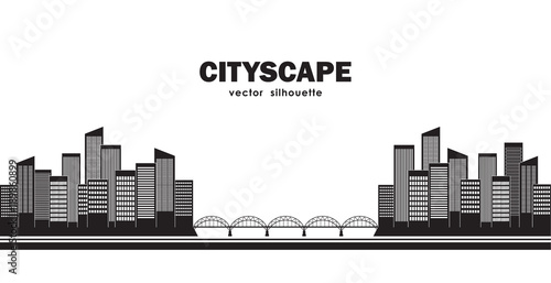 Silhouette of two cities connected by bridge. Isolated Cityscape.