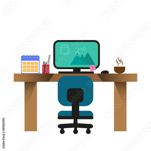 working desk with a computer on a white background