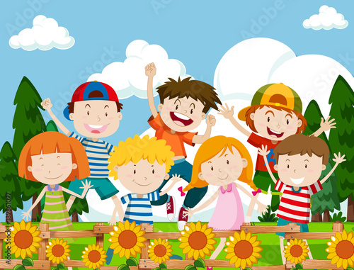 Happy children in flower garden