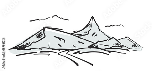 Hand-drawn Mountains sketch with road and clouds