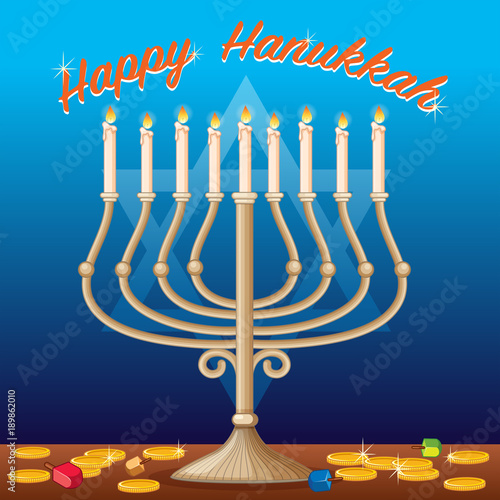 Happy Hanukkah card template with lights and coins