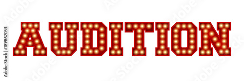 Audition word made from red vintage lightbulb lettering isolated on a white. 3D Rendering photo