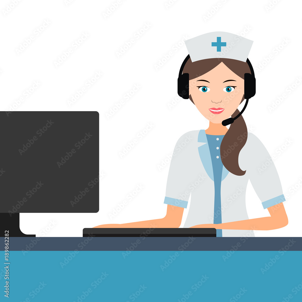 Female medical professional doctor or nurse answers the calls. Female medical professional doctor or nurse answers the calls.