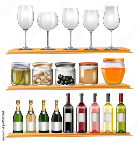 Wine glasses and food on wooden shelves