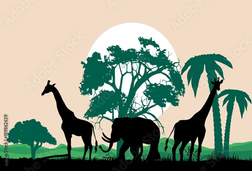 Savannah vector landscape with elephant and giraffes vector silhouettes  vector illustration