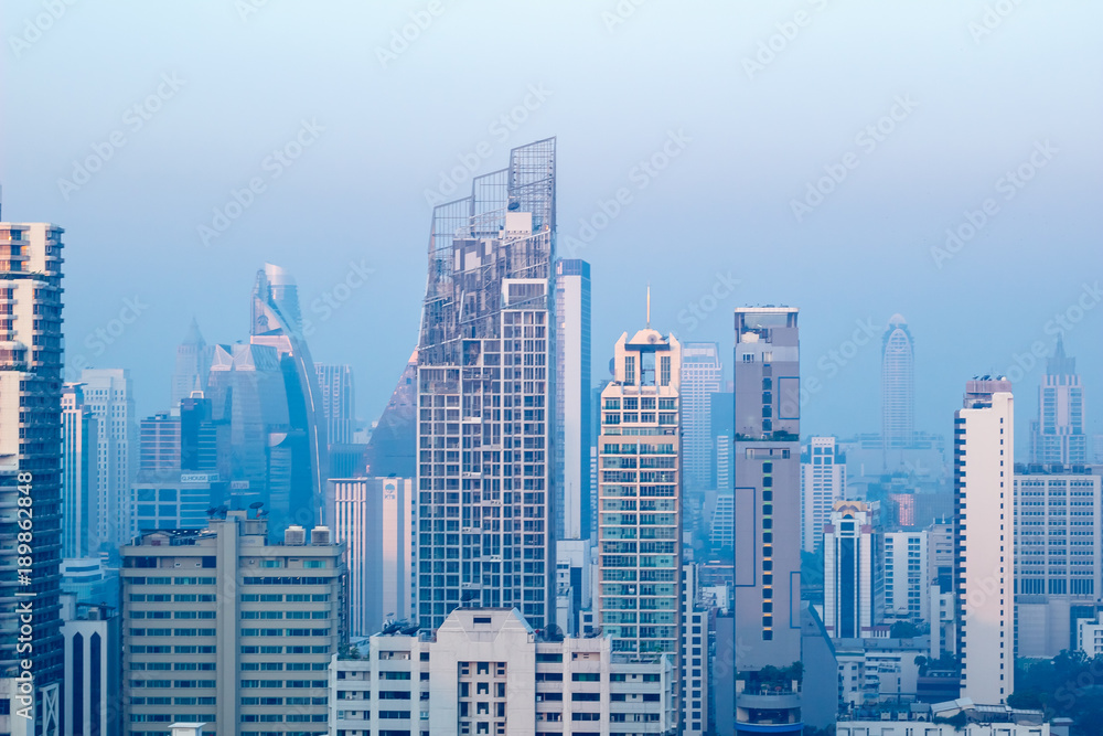 27 January, 2018: top view crowd landscape city in Asoke  Bangkok, Thailand with blue morning image