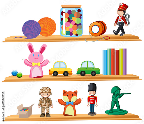 Toys and books on wooden shelves