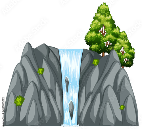 Waterfall scene with tree on the rock