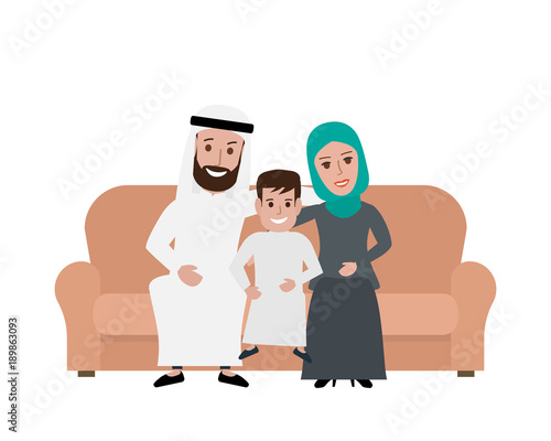 happy arabic family sitting on the sofa