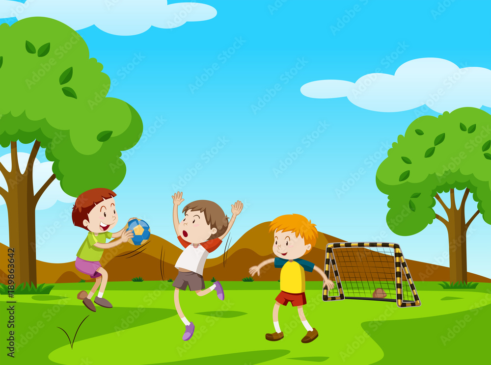 Three boys playing ball in the park Three boys playing ball in the park