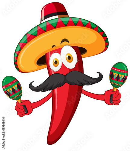 Red chili wearing hat and shaking maracas