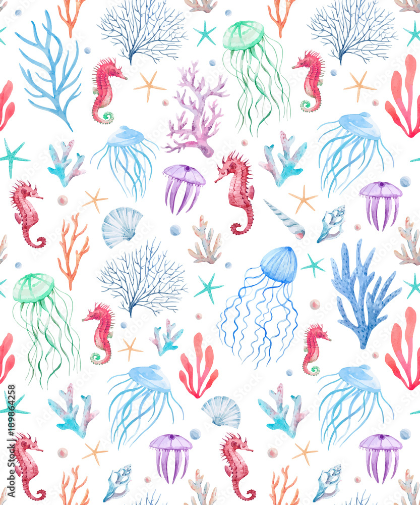 Fototapeta premium Watercolor sea life vector pattern