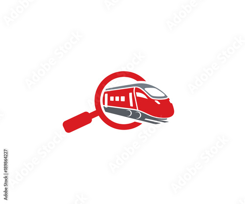 Magnifier and train logo template. Search for rail flights vector design. Order train tickets online illustration