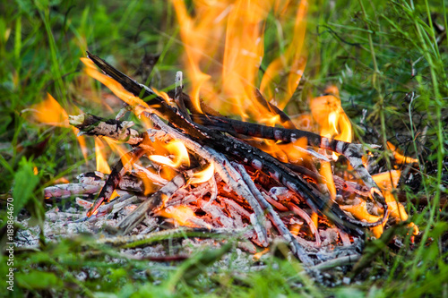 The fire in the green grass. A fire in the woods. Barbecue on the nature, picnic.