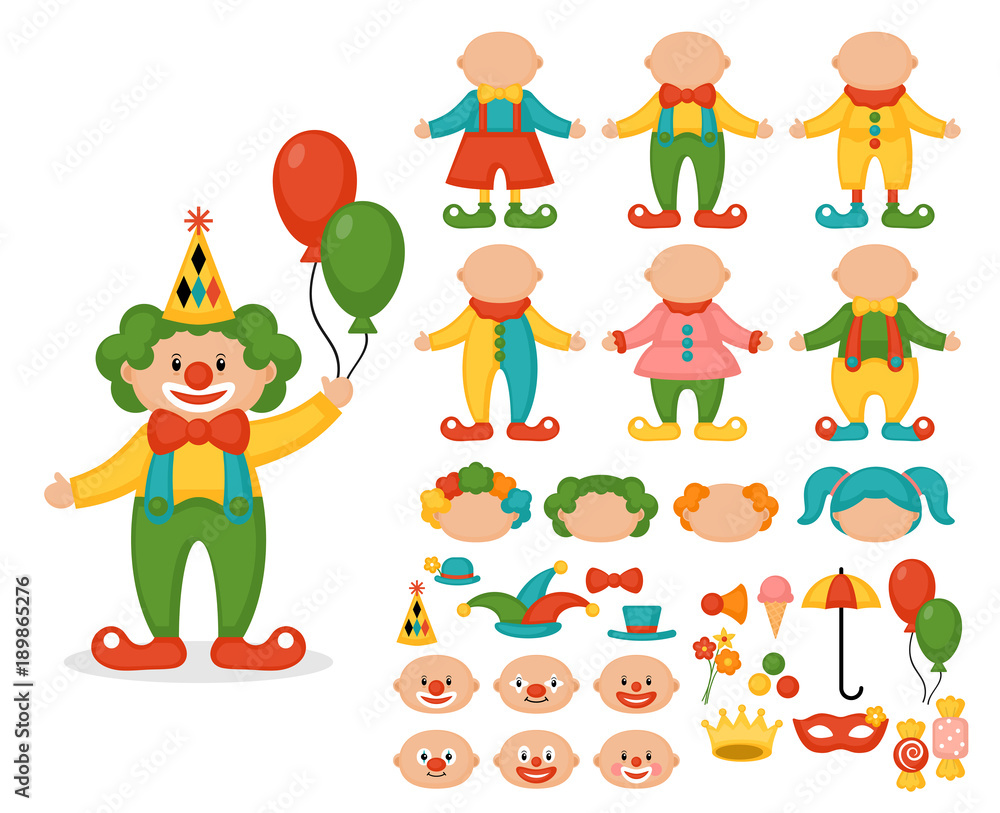 Fototapeta premium Cute clown character creator set.