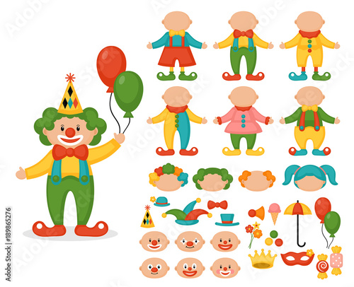 Cute clown character creator set.